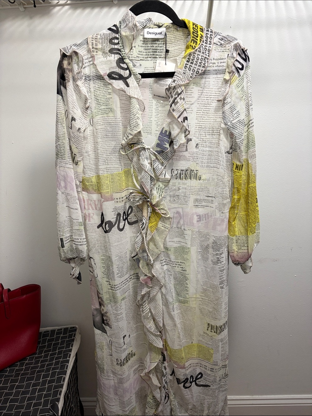Desigual Newspaper-Print Ruffle Trench Coat in White, Yellow and Black